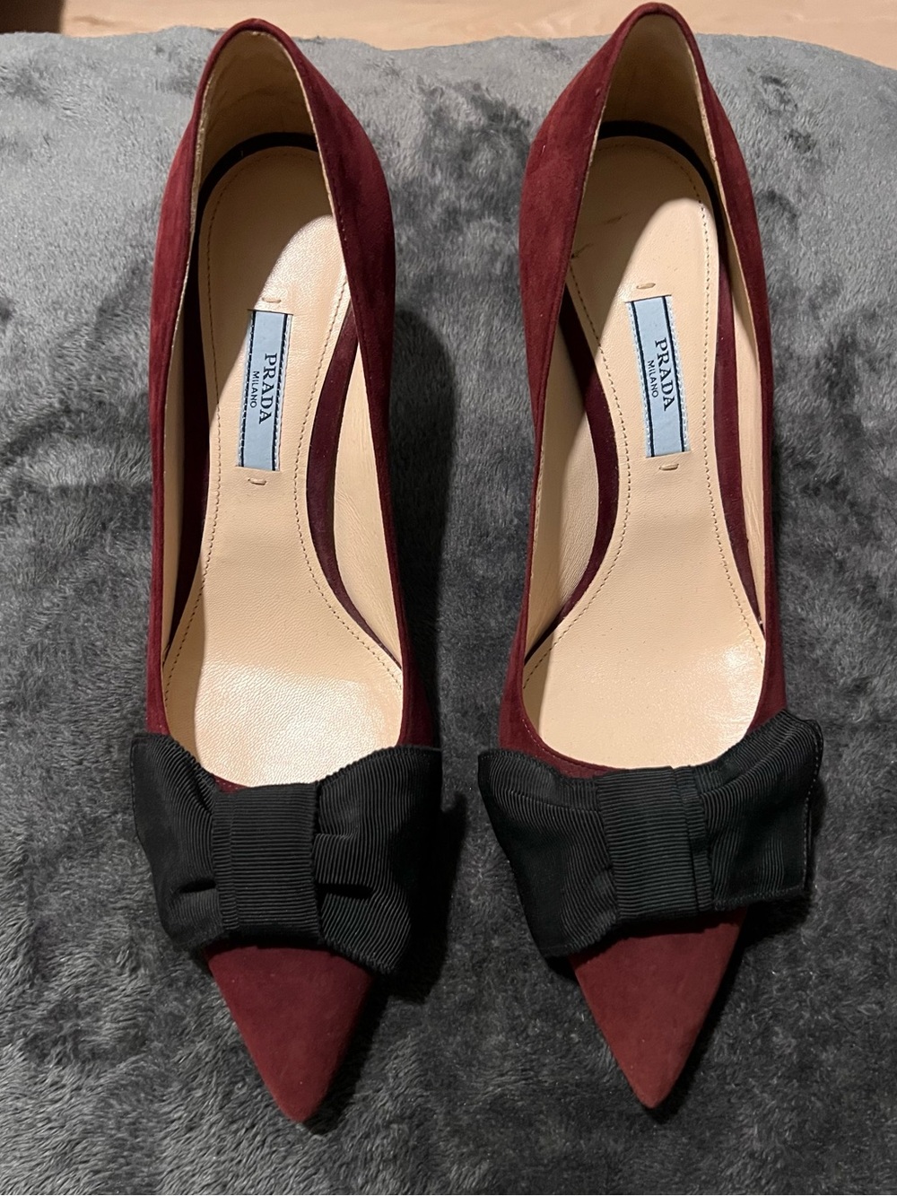 Prada Burgundy Suede Pointed Toe Pumps with Black Bow